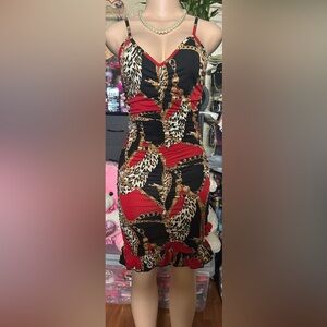 Elegant Leopard Print Red and Black Dress